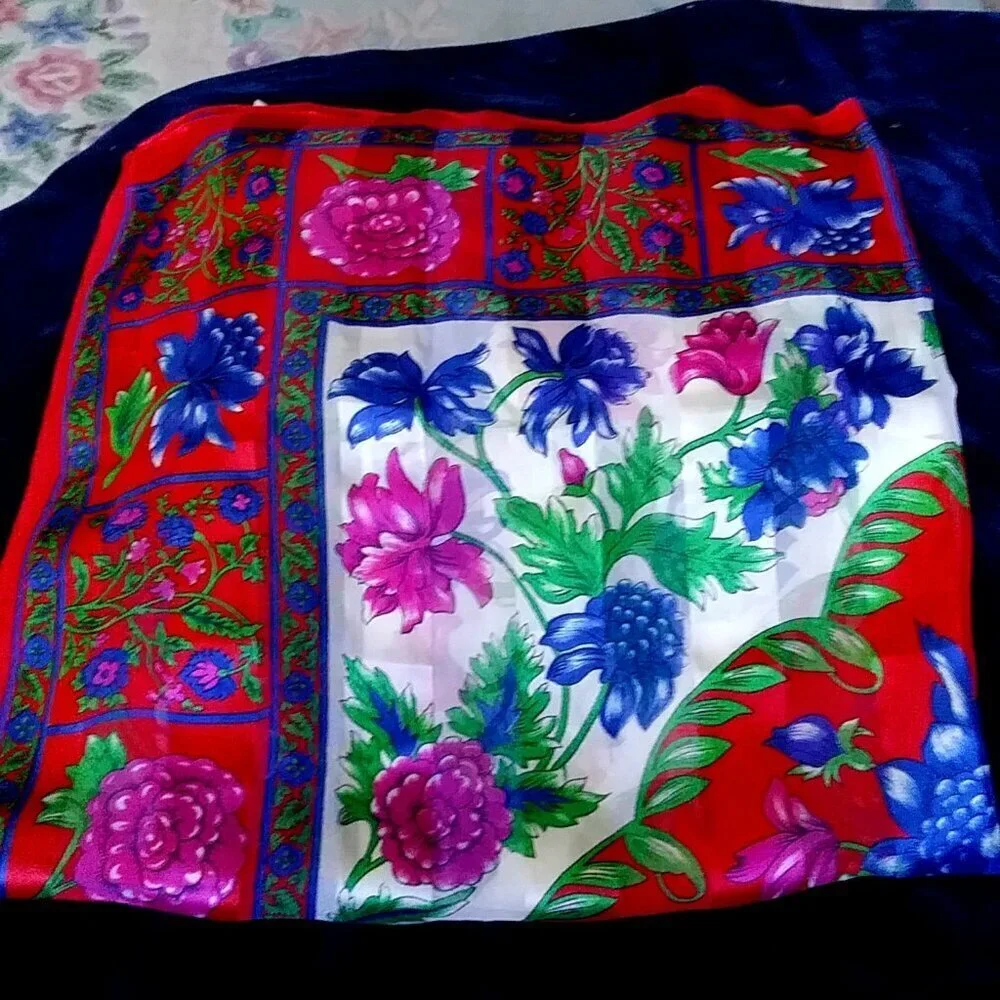 Beautiful Vintage Floral Red, Purple, Blue and Green Scarf